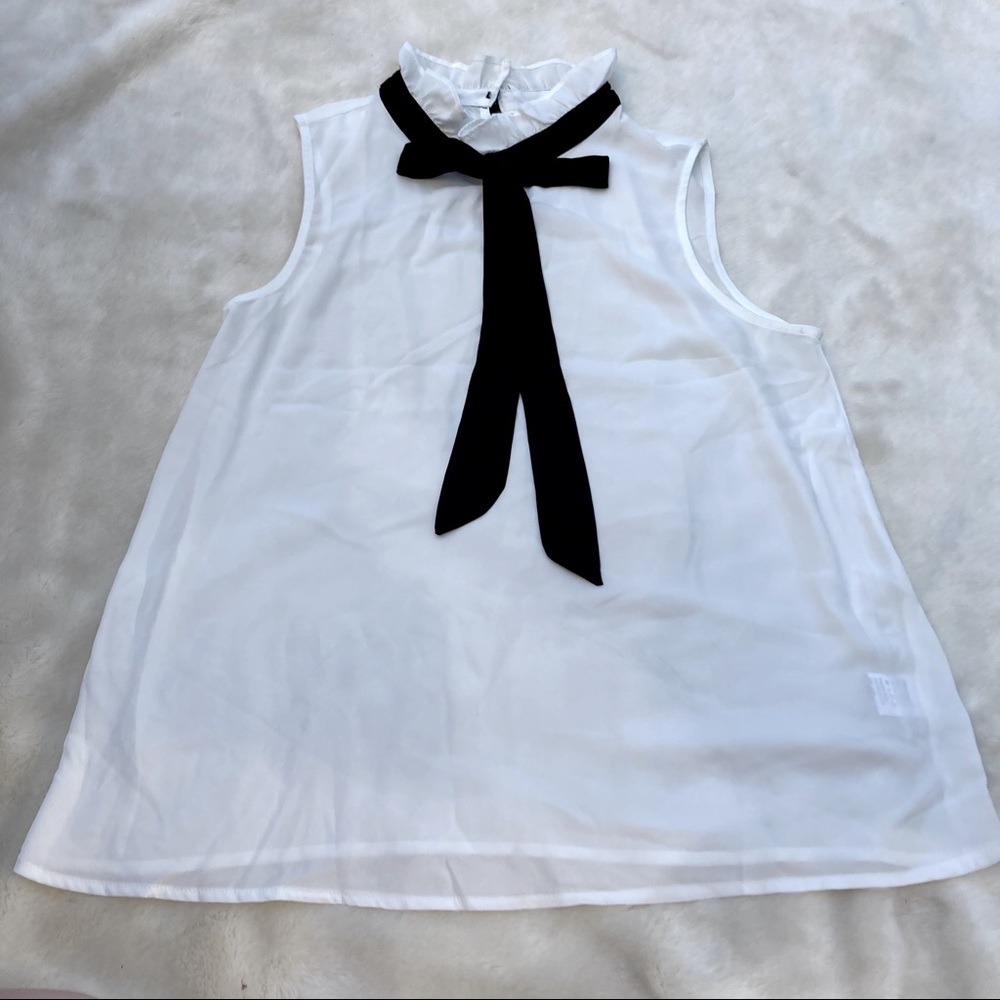 Bow Tie Chiffon Sleeveless White Blouse Large